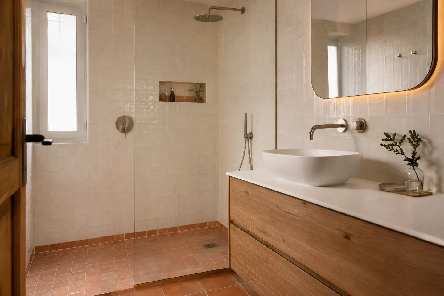 Baño renovado de referencia en tonos cálidos